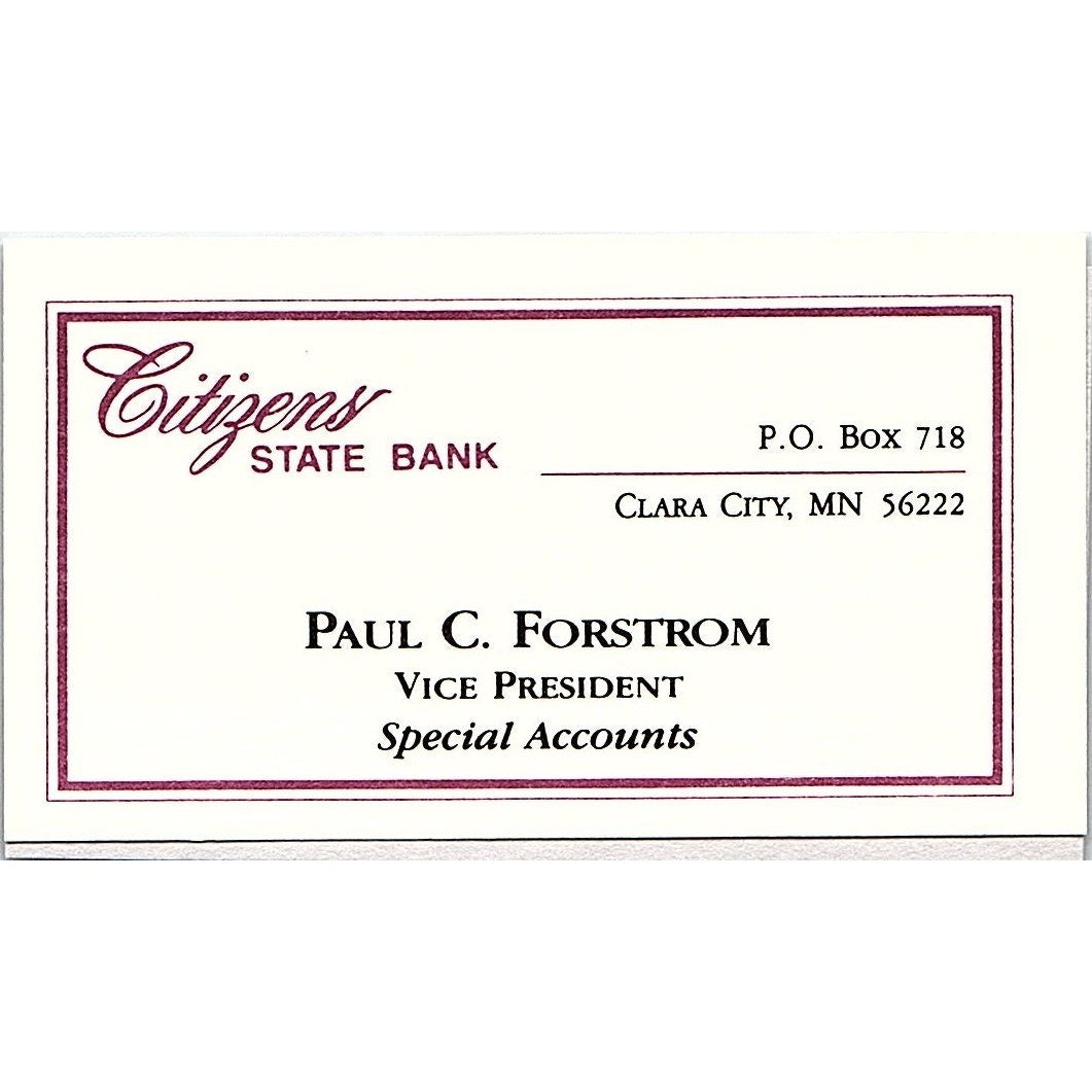Paul C Forstrom Citizens State Bank Clara City MN CA Vtg Business Card SD9-B14