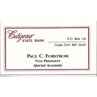 Paul C Forstrom Citizens State Bank Clara City MN CA Vtg Business Card SD9-B14