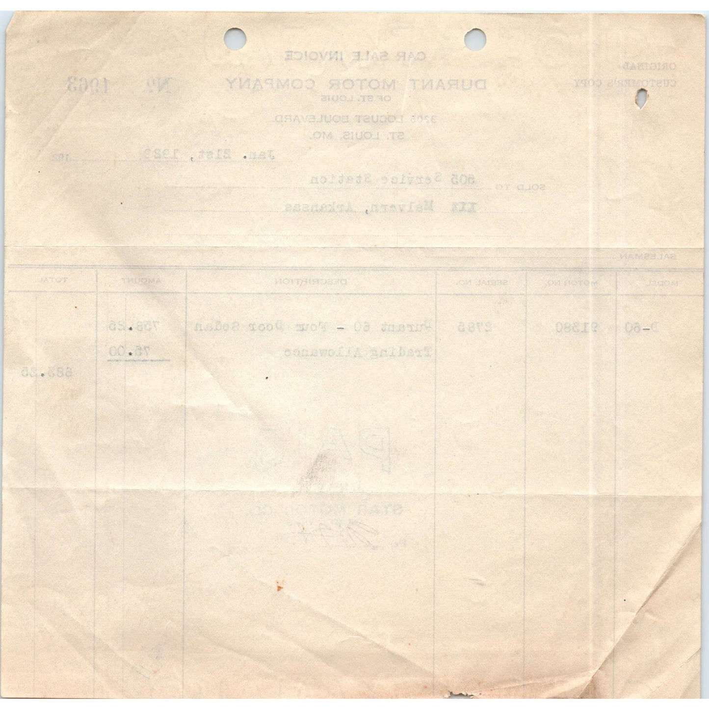 1929 Durant Motor Company of St. Louis Car Sale Invoice D10