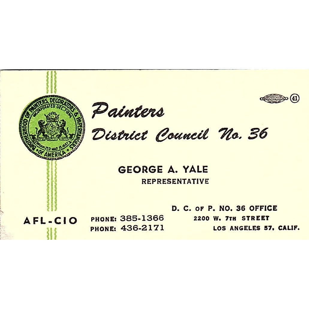 George A Yale Painters District Council 36 Los Angeles Vtg Business Card SC9-B13