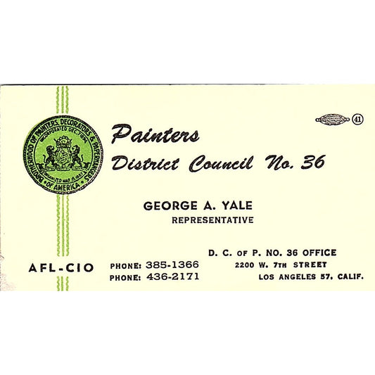 George A Yale Painters District Council 36 Los Angeles Vtg Business Card SC9-B13