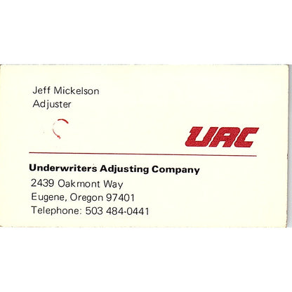 Jeff Mickelson Underwriters Adjusting Co Eugene OR Vintage Business Card SD9-B8