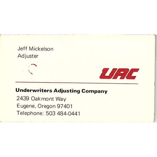 Jeff Mickelson Underwriters Adjusting Co Eugene OR Vintage Business Card SD9-B8