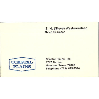 Coastal Plains Inc Steve Westmoreland Houston Texas Vintage Business Card SB4-B9