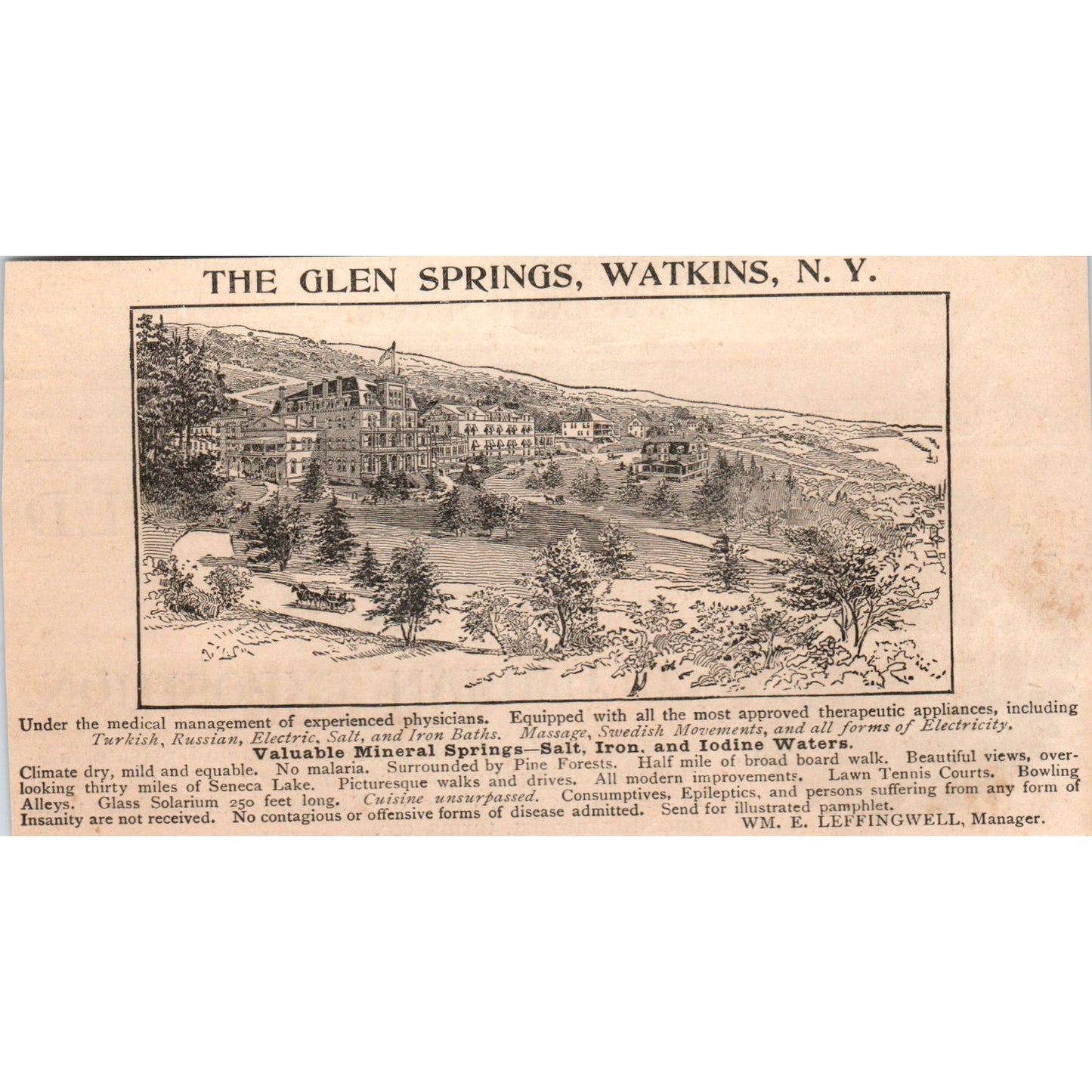 Glen Springs Watkins NY Wm. E. Leffingwell 1892 Magazine Ad AB6-SM2