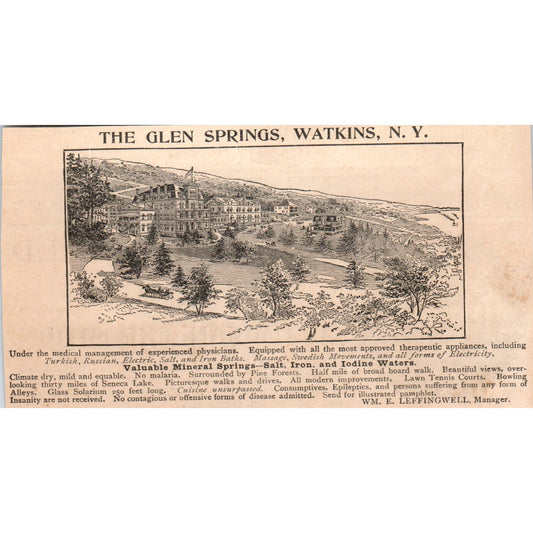 Glen Springs Watkins NY Wm. E. Leffingwell 1892 Magazine Ad AB6-SM2