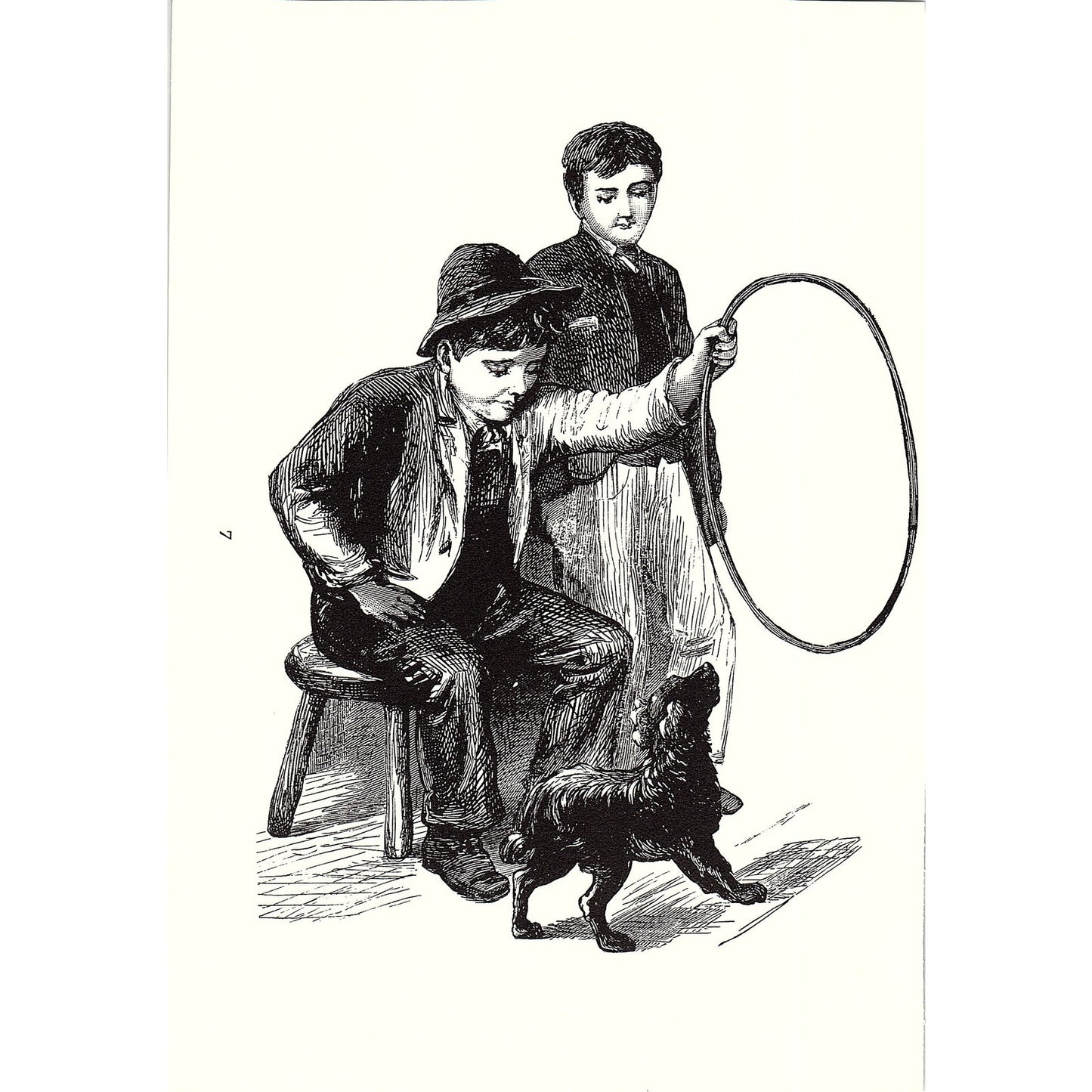 1880s Children's Games Boy With Dog and Hoop Engraving Vintage Art Print 5x7 V12