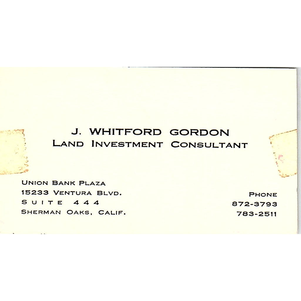 J. Whitford Gordon Land Investment Consultant Sherman Oaks Business Card SF3-B4