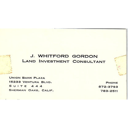 J. Whitford Gordon Land Investment Consultant Sherman Oaks Business Card SF3-B4
