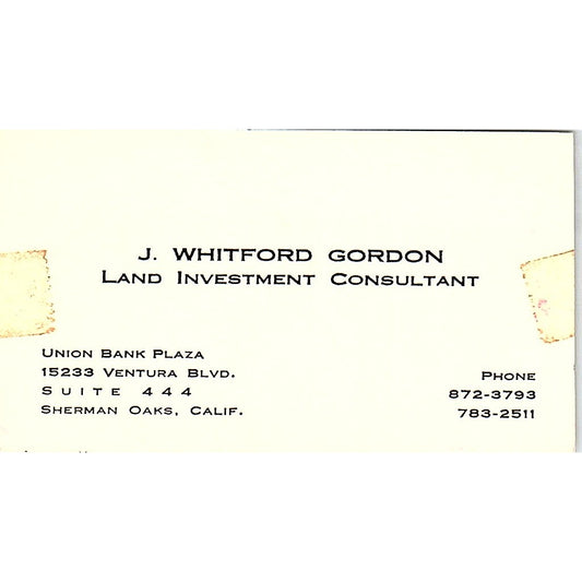 J. Whitford Gordon Land Investment Consultant Sherman Oaks Business Card SF3-B4