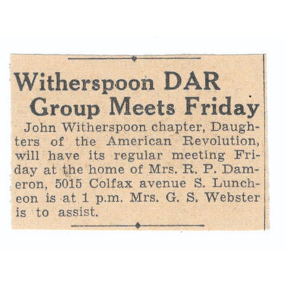 John Witherspoon DAR Meeting 1935 Minneapolis Journal Article AE7-N6