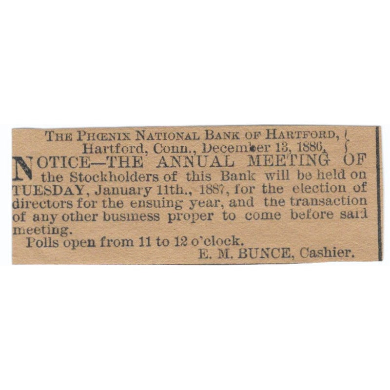 Phoenix National Bank E.M. Bunce Hartford 1886 Newspaper Ad AF7-SS8