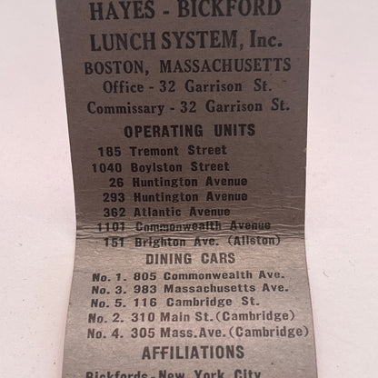Hayes-Bickford Lunch System Inc Boston MA Vintage Matchbook Cover TB8-MB2-9