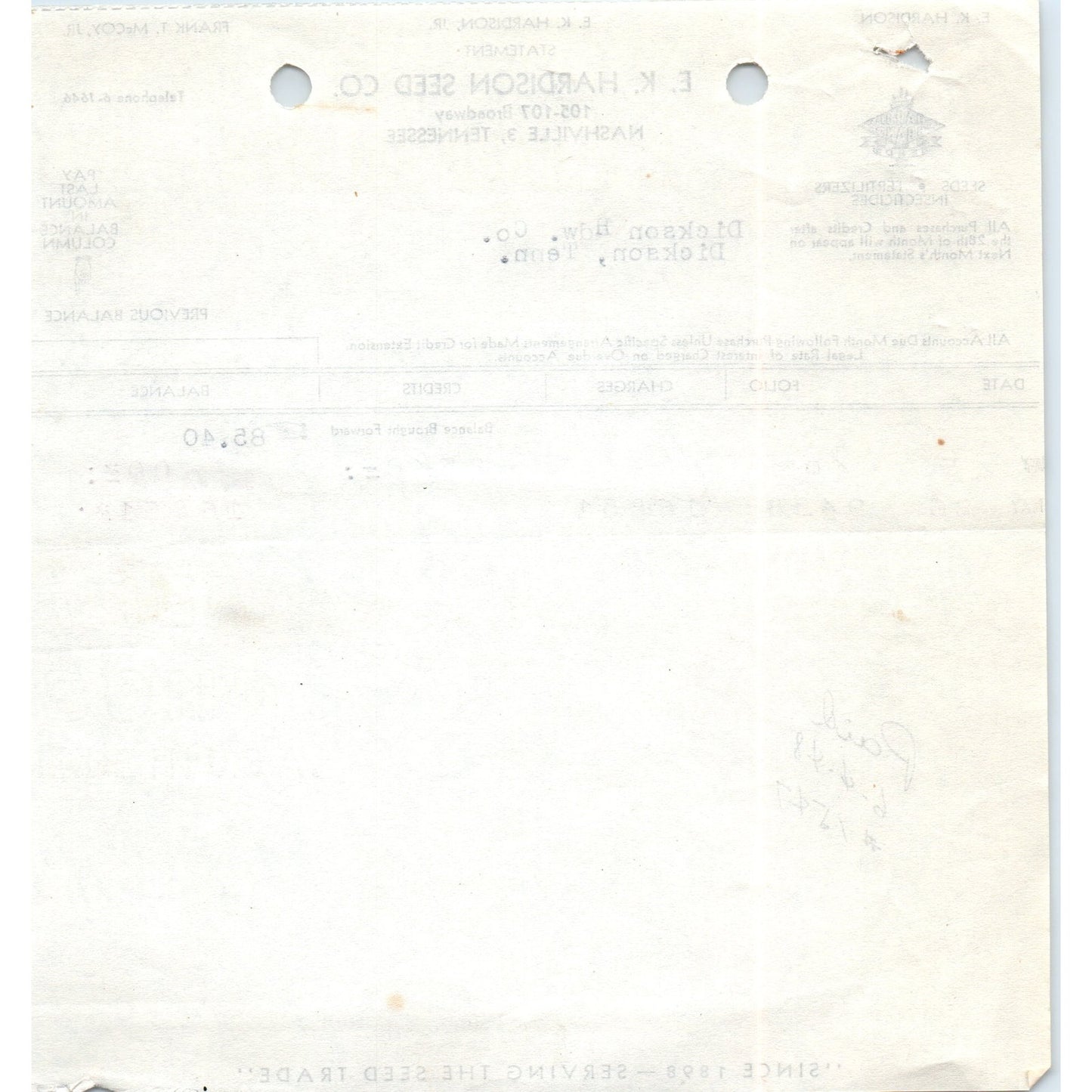 1948 E.K. Hardison Seed Co Nashville TN Letterhead Receipt D18