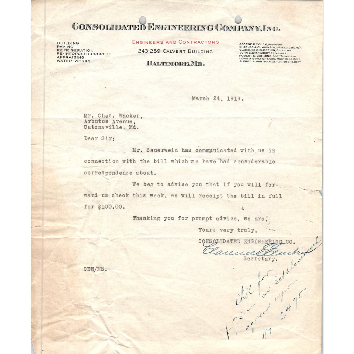 1919 Letterhead Memo Consolidated Engineering Company Inc Baltimore MD AE5