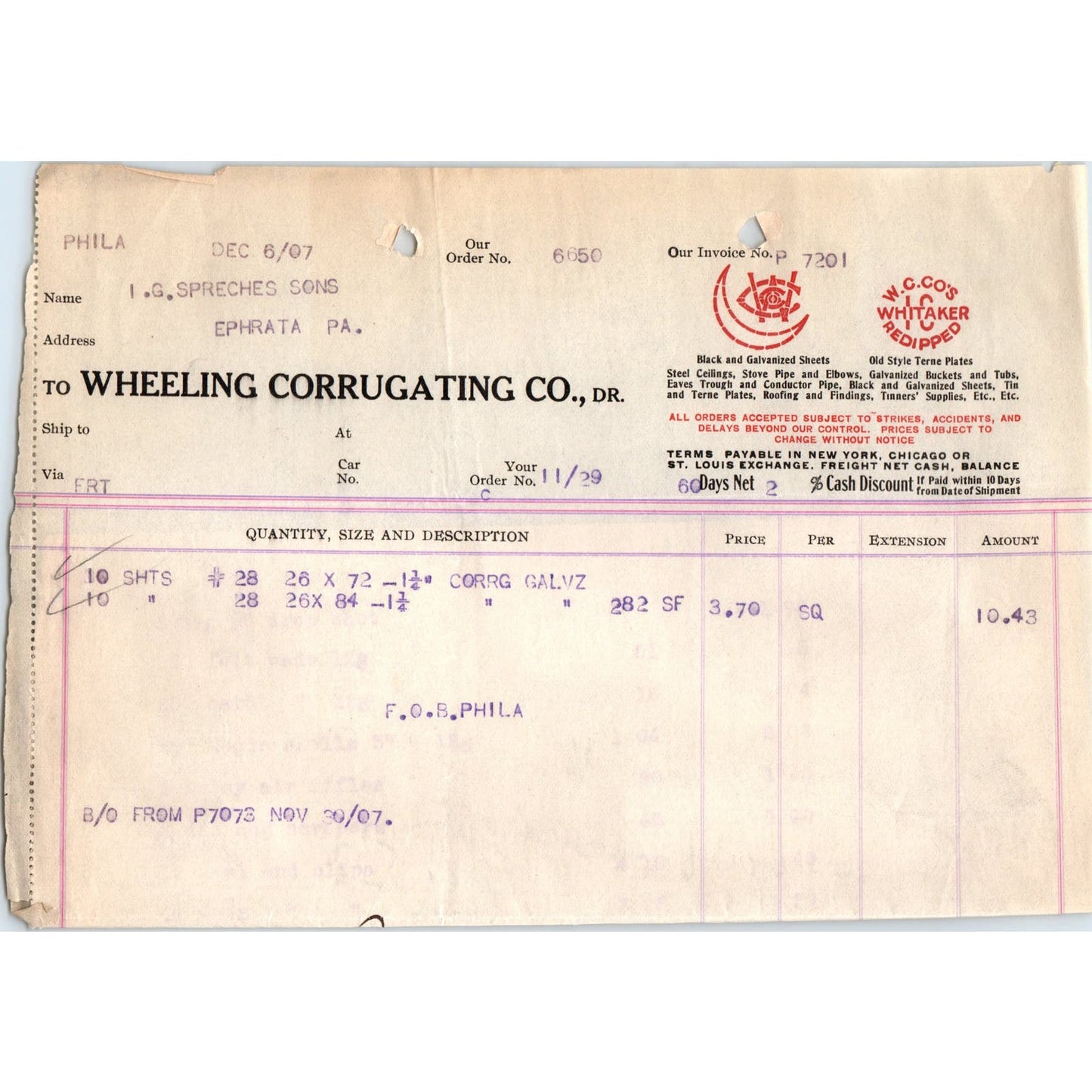 1907 Wheeling Corrugating Company Philadelphia Billhead Receipt D11