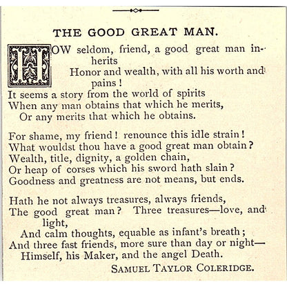 The Good Great Man - Samuel Taylor Coleridge 1884 Poem AG3-M1