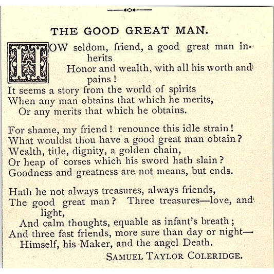 The Good Great Man - Samuel Taylor Coleridge 1884 Poem AG3-M1