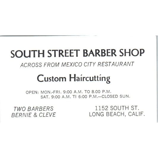 South Street Barber Shop Bernie & Cleve Long Beach Vintage Business Card SD8-B9
