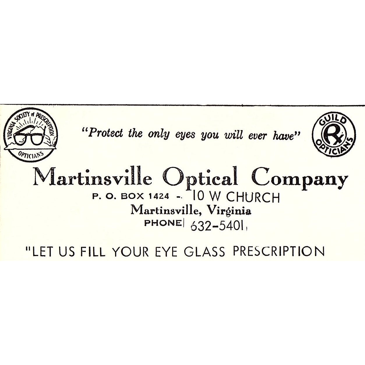Martinsville Optical Company 10 W Church Martinsville VA 1960s Ad AG2-M4