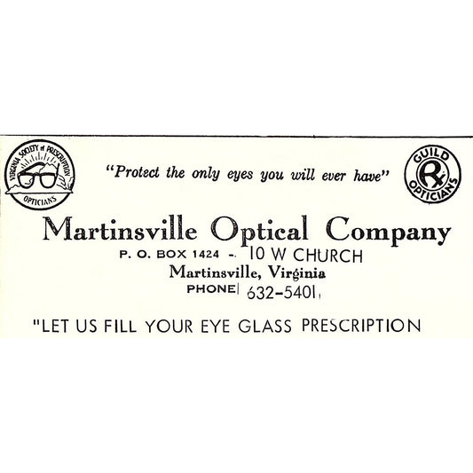 Martinsville Optical Company 10 W Church Martinsville VA 1960s Ad AG2-M4