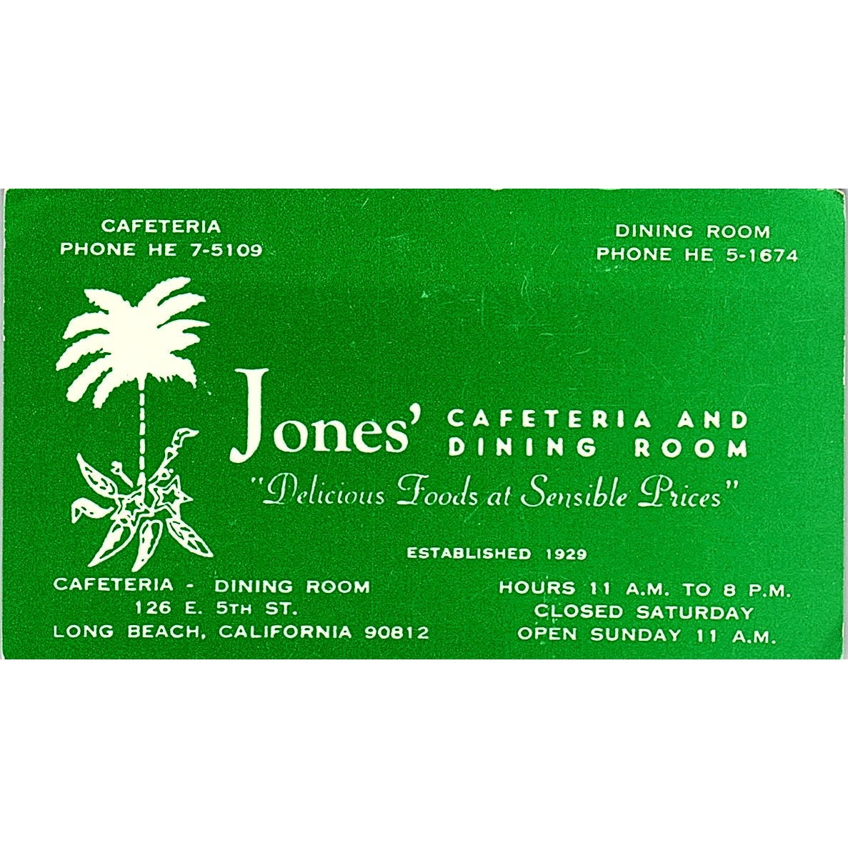 Jones' Cafeteria & Dining Room Long Beach CA Vintage Business Card TH2-B1