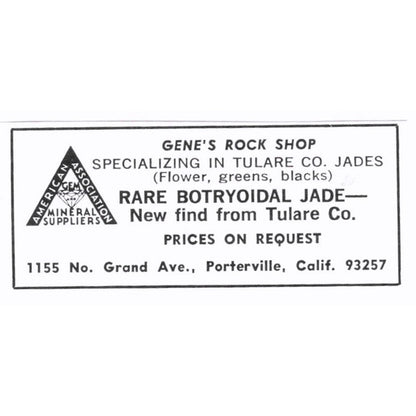 Gene's Rock Shop Rare Botryoidal Jade Porterville CA 1972 Ad AF8-S6