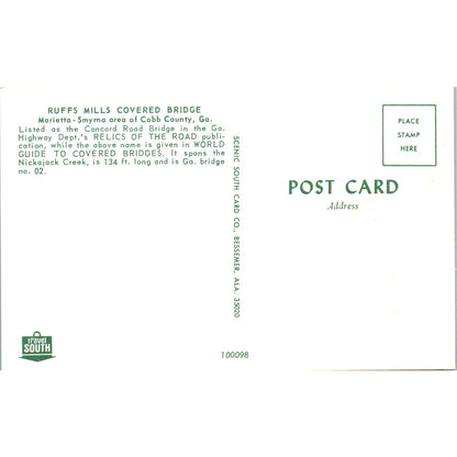 Ruffs Mills Bridge Marietta-Smyrna Cobb Cty Georgia Covered Bridge Postcard PC5