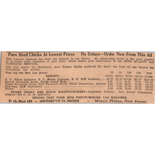 Anthony H. Moss Pure Bred Chicks Morris Plains NJ 1922 Magazine Ad AF2-A5