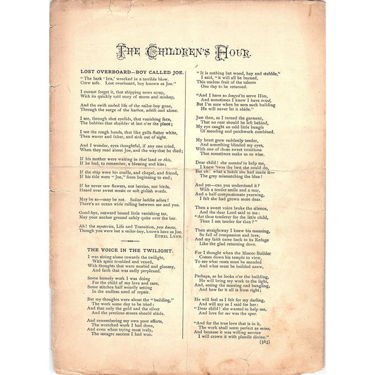 The Children's Hour - Children's Poems 15 Pages 1884 Perfect Jewels TA5-CJ-6
