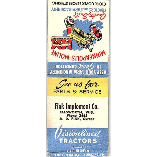 Fink Implement Co A.D. Fink Ellsworth WI Vintage Matchbook Cover SC7-Y7