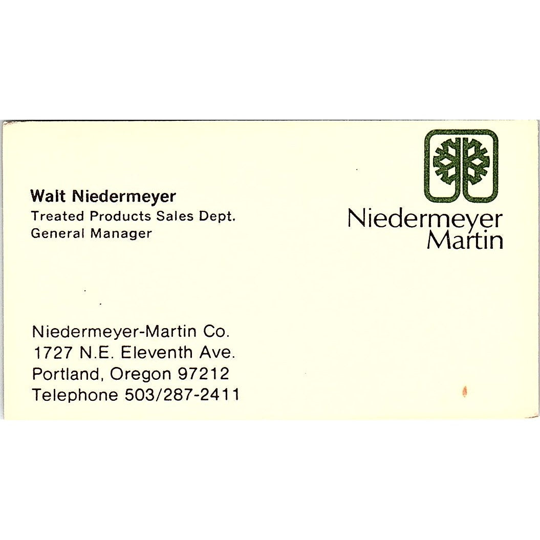 Walt Niedermeyer Martin Wood Products Portland OR Vintage Business Card SD9-B3
