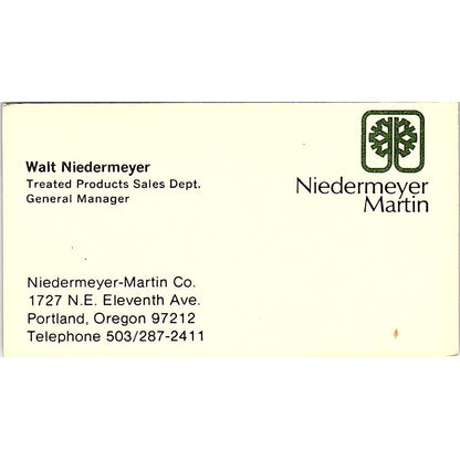 Walt Niedermeyer Martin Wood Products Portland OR Vintage Business Card SD9-B3