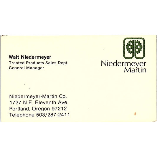 Walt Niedermeyer Martin Wood Products Portland OR Vintage Business Card SD9-B3