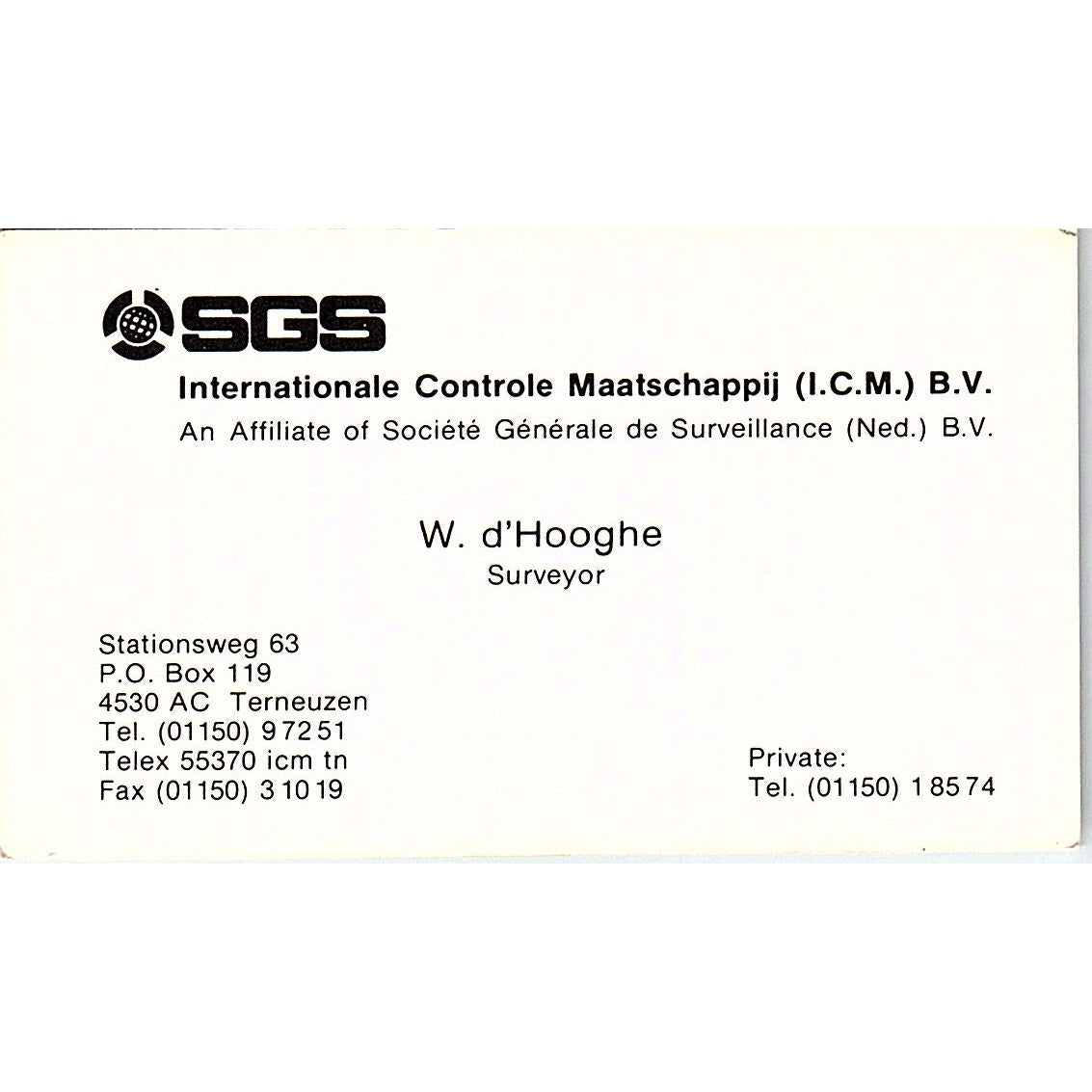 d'Hooghe SGS internationale Controle Maatschappij Terneuzen Business Card SC9-B6