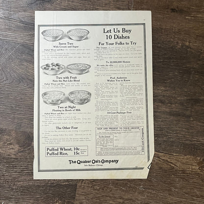 1913 The Quaker Oats Company  Puffed Wheat Rice Vintage Magazine Ad 10x13 V8
