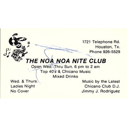The Noa Noa Nite Club Jimmy J Rodriguez Houston Vintage Business Card SD9-B5