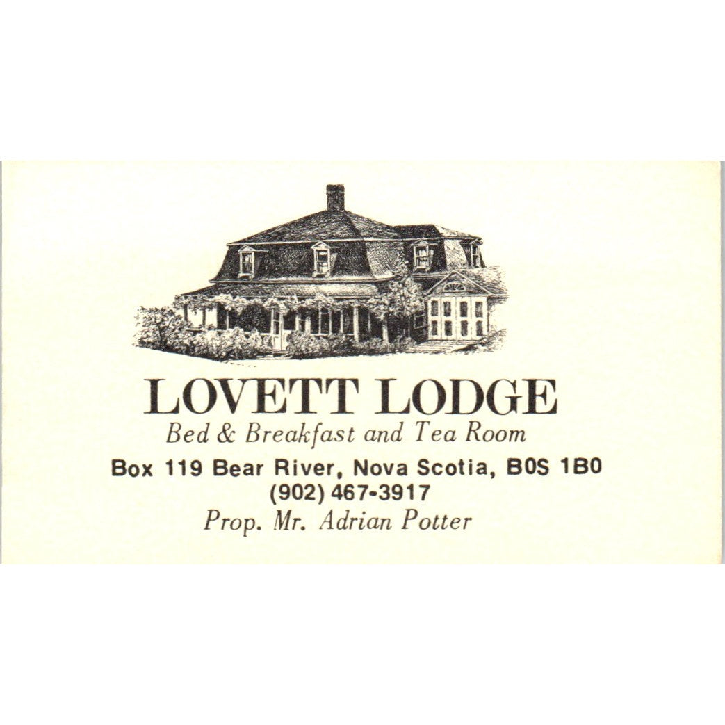 Lovett Lodge Adrian Potter Bear River NS Vintage Business Card SE3-B1
