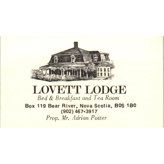 Lovett Lodge Adrian Potter Bear River NS Vintage Business Card SE3-B1