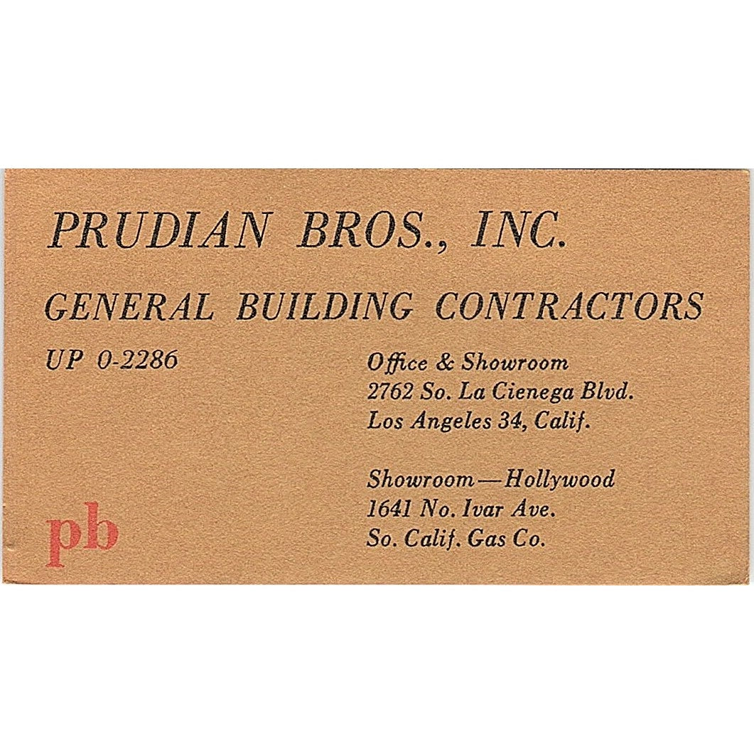 Prudian Bros General Contractors Los Angeles Vintage Business Card SD9-B3