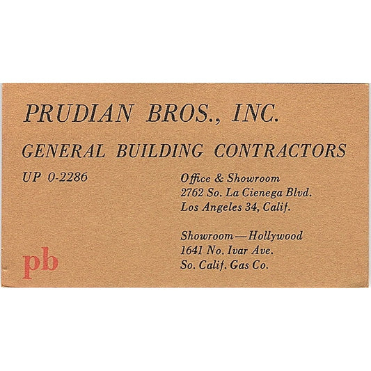Prudian Bros General Contractors Los Angeles Vintage Business Card SD9-B3