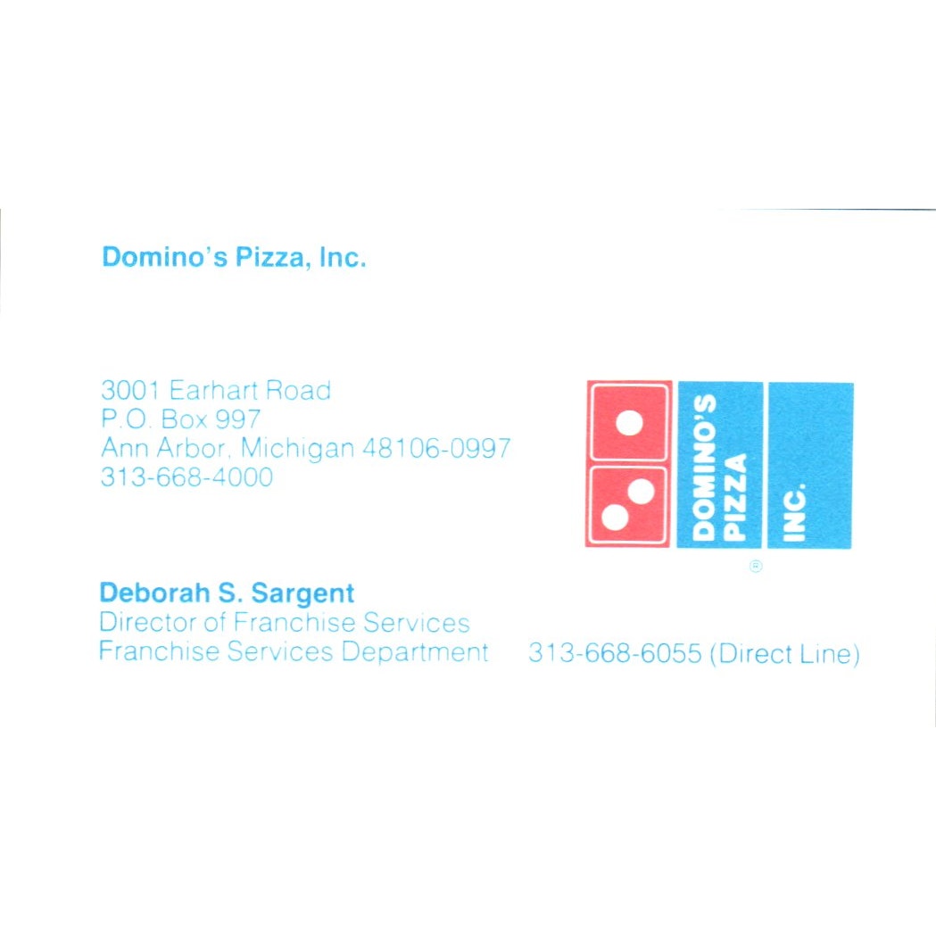 Deborah S. Sargent Domino's Pizza Ann Arbor MI Vintage Business Card SD8-B6