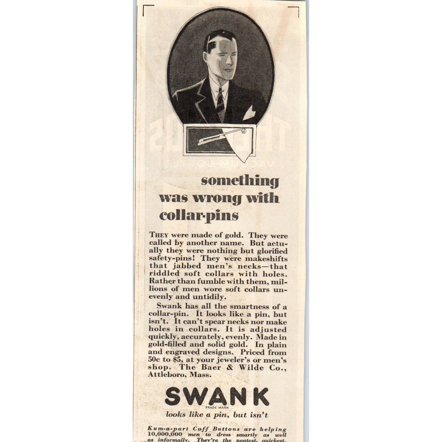 Swank Collar Pins Kum-a-Part Cuff Buttons 1928 Original Advertisement AE5-SSE