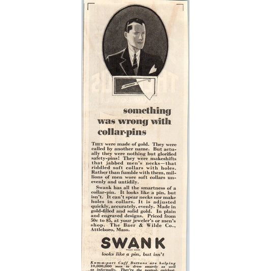Swank Collar Pins Kum-a-Part Cuff Buttons 1928 Original Advertisement AE5-SSE