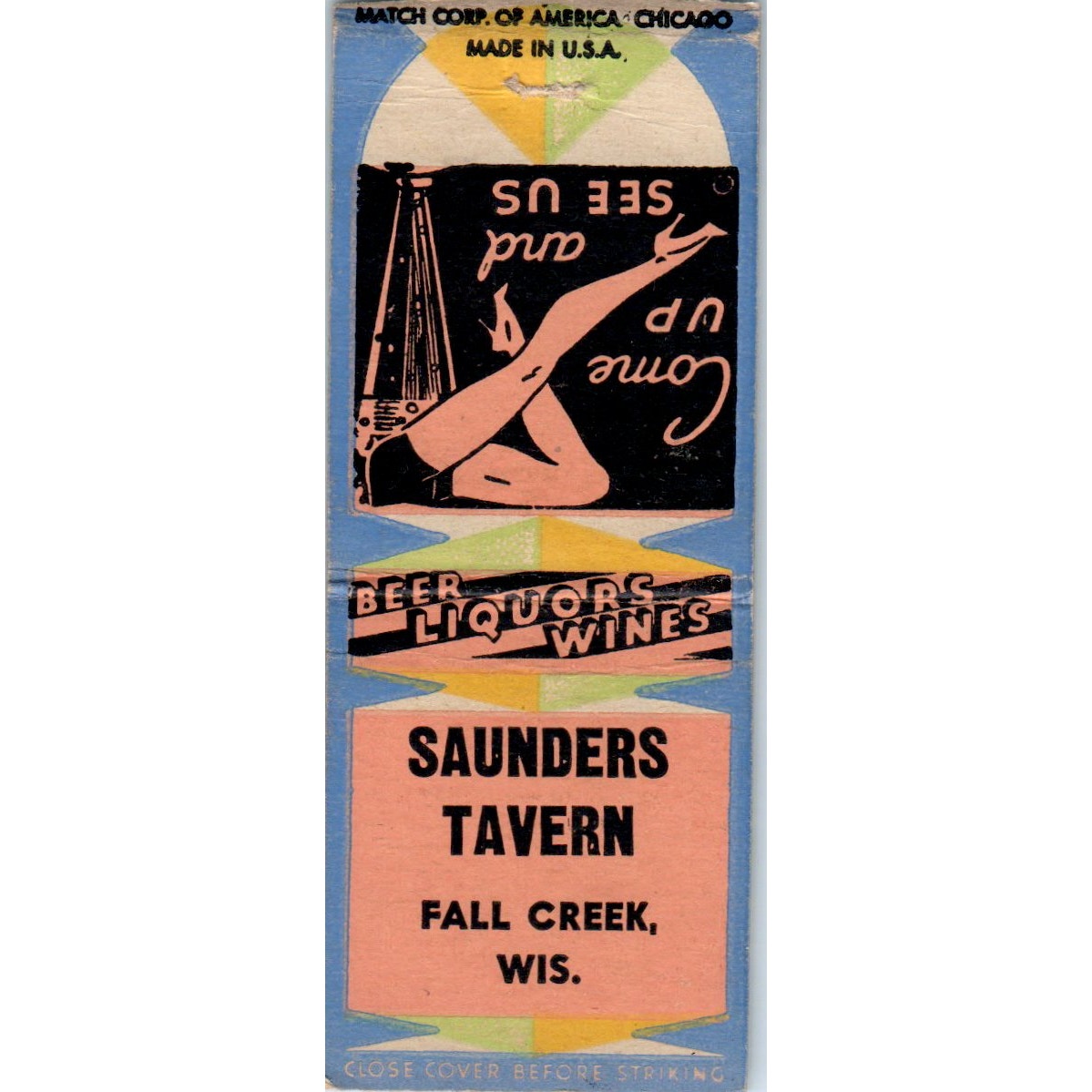 Saunders Tavern Fall Creek Wisconsin Pinup Vintage Matchbook Cover SD2-Y7