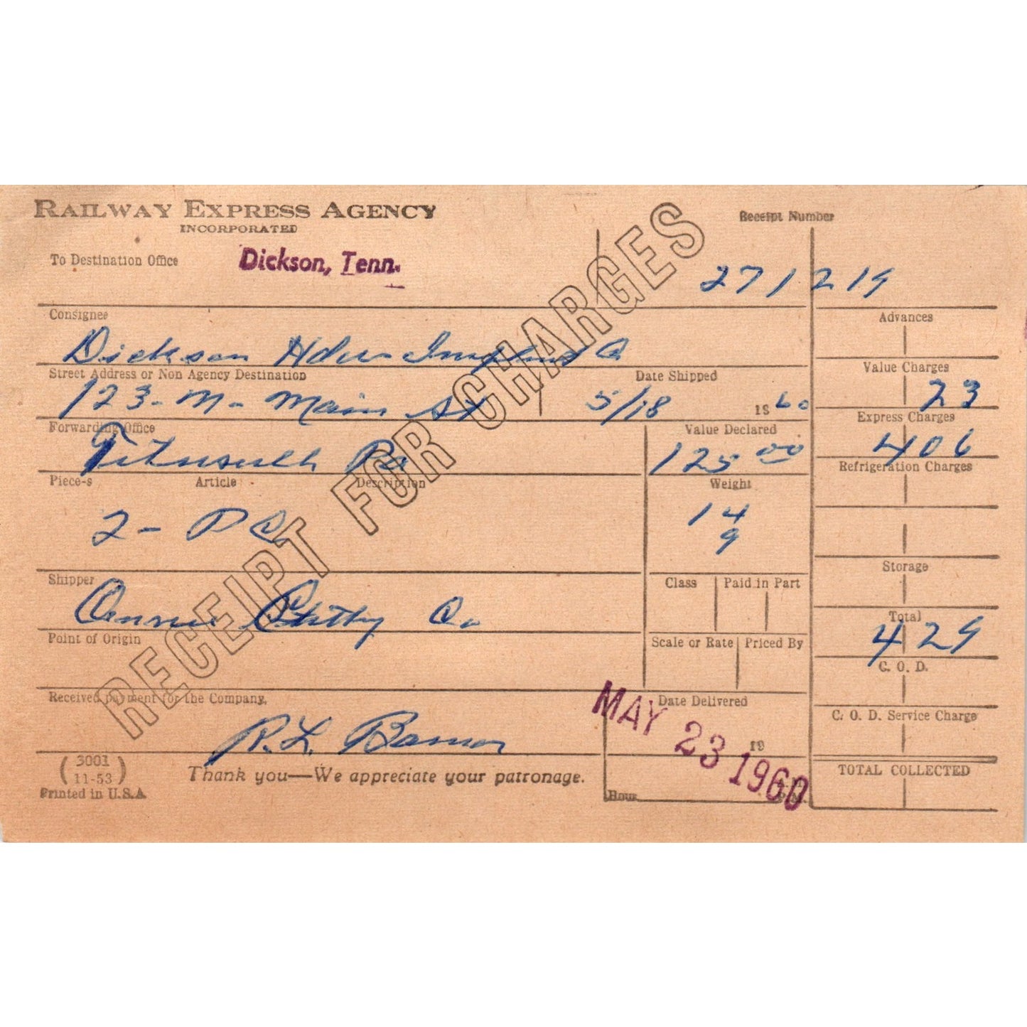 1960 Railway Express Agency Receipt to Dickson Tennessee Letterhead Receipt D18