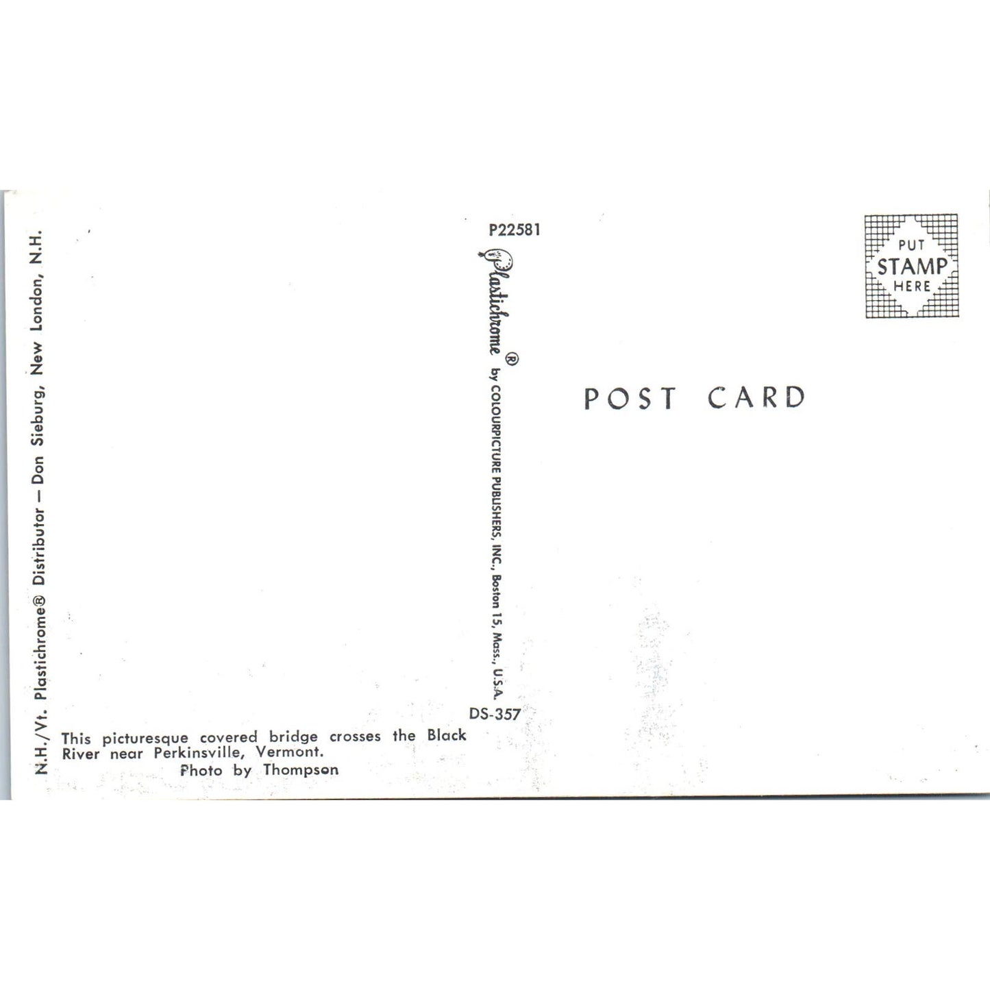 Perkinsville VT Black River Covered Bridge Postcard PB11
