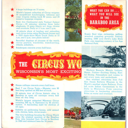 Vintage Circus World Baraboo Wisconsin Fold Out Travel Brochure H5-5