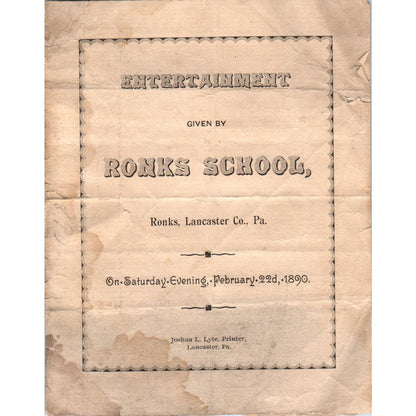 1890 Ronks School Entertainment Program Ronks Lancaster County PA D21