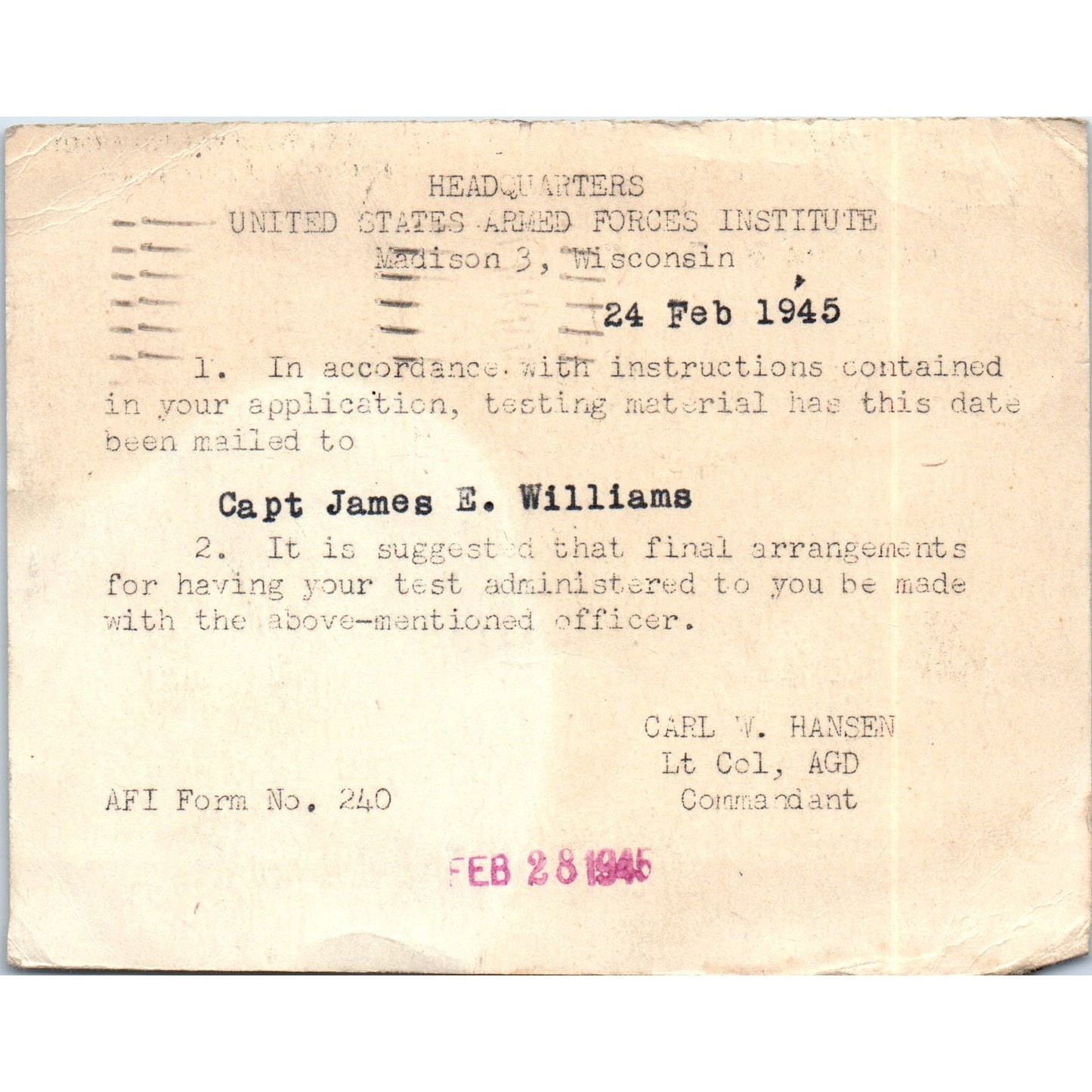 1945 WWII Mailing Card Pvt David R. Markley, Cap. James E. Williams TH9-SX2